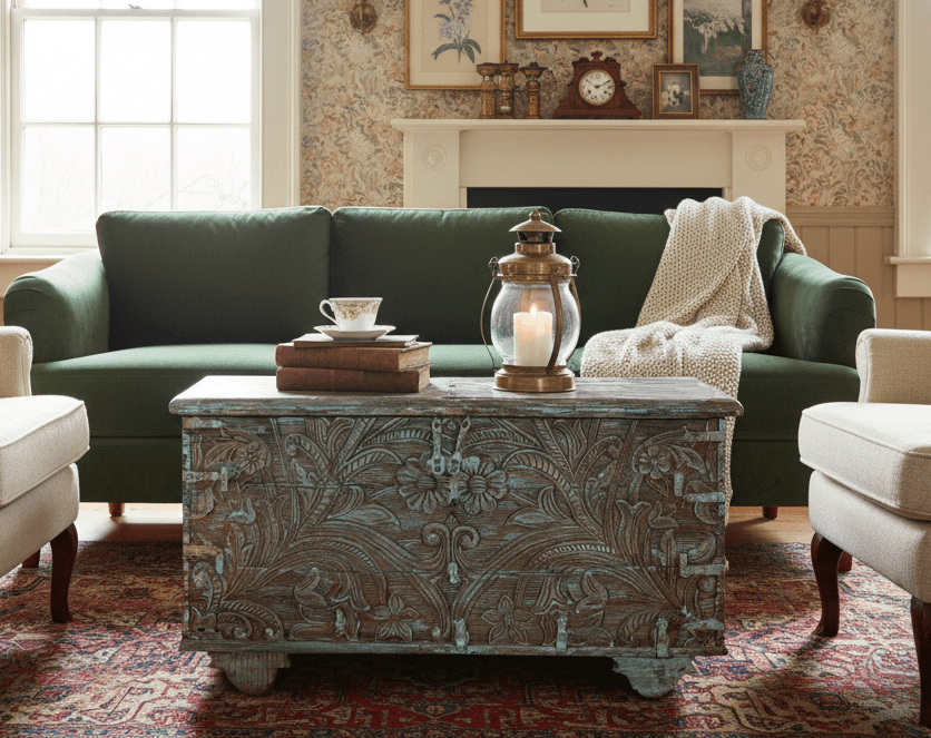 Stylish Entryway Storage with Vintage Armoires and Antique Indian Trunks