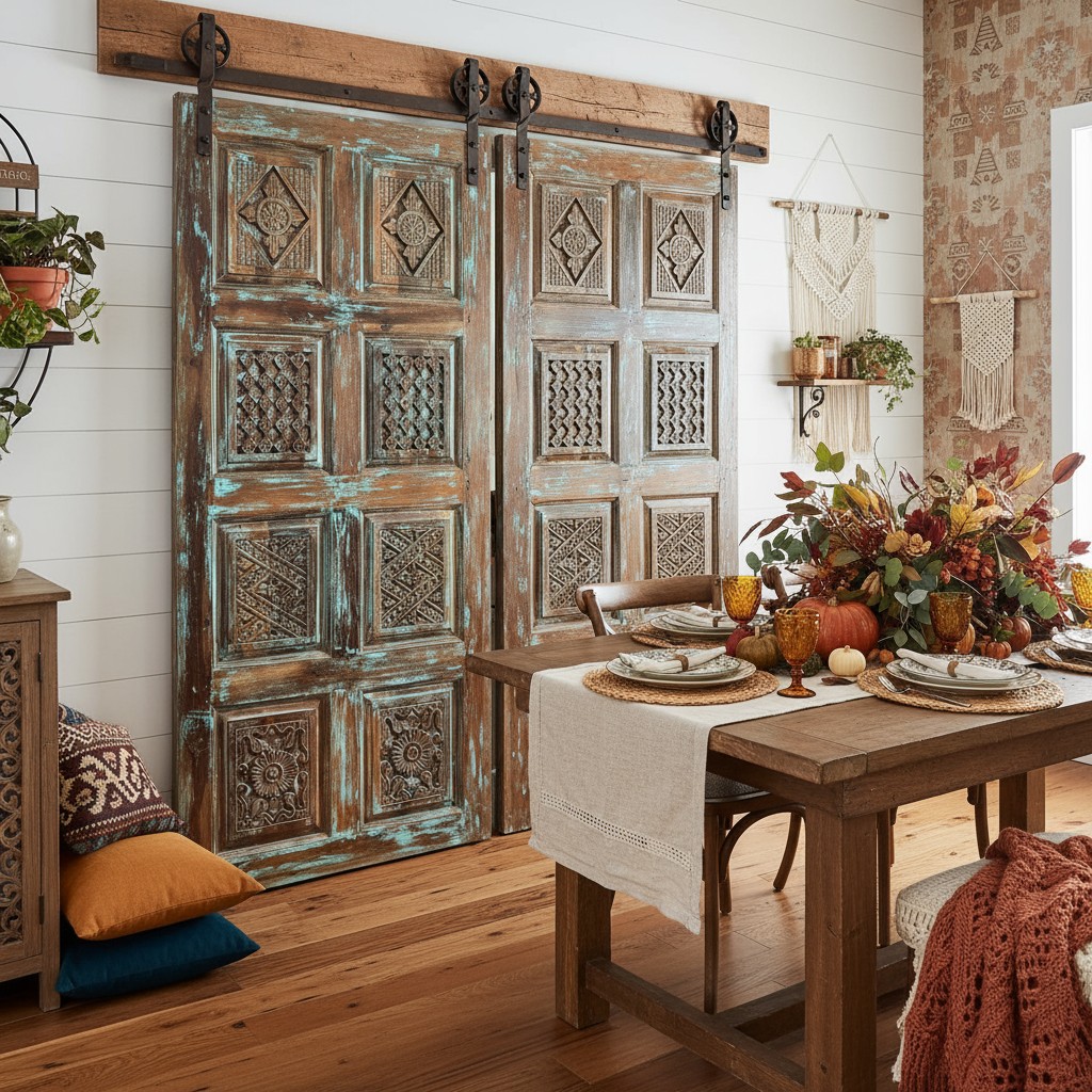 Artistic Sliding Barn Doors, India Carved Door, Enchanted Forest Decorative Door