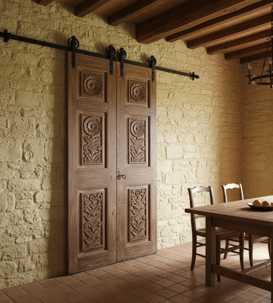 Revamped Farmhouse with Reclaimed Arches and Carved Antique Doors