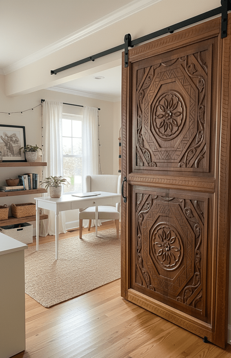 Resort-Style Interiors Enhanced with Hand-Carved Barn Doors – Luxe & Inviting Decor