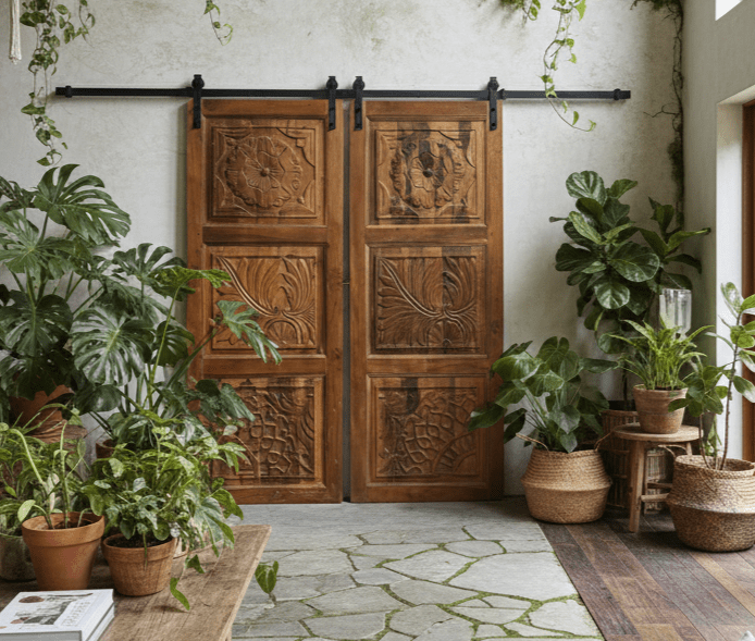 Artistic Sliding Barn Doors, India Carved Door, Enchanted Forest Decorative Door