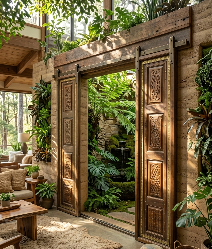 Rustic Farmhouse Décor with Vintage Doors and Earthy Wood Elements