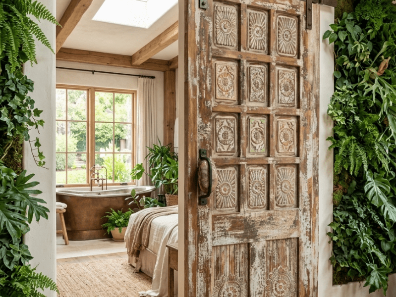 Eclectic Living Spaces with Statement Carved Wood&nbsp;Doors