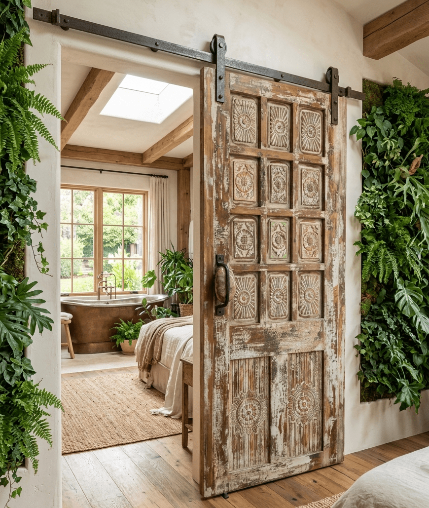 Eclectic Living Spaces with Statement Carved Wood Doors