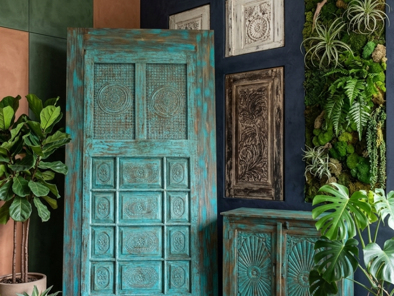 Rustic Eclectic Interiors Defined by Vintage Carved Wood&nbsp;Doors