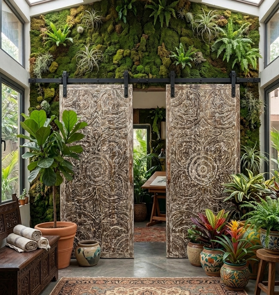 Home Yoga Space & Carved Lotus Doors