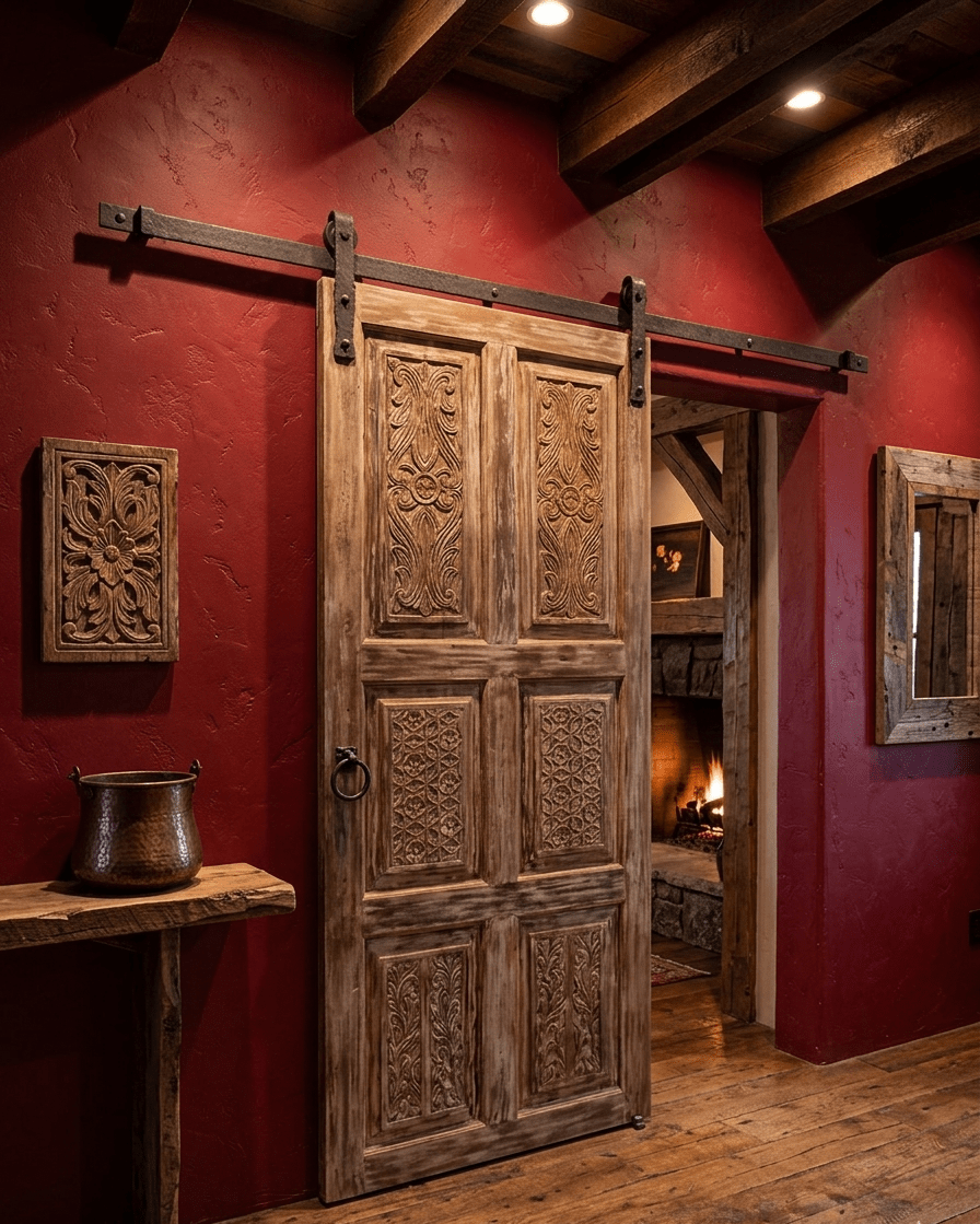 Rustic Farmhouse Barn Doors, Vintage Carved Wooden Sliding Door, Reclaimed Wood Door